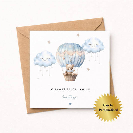 Personalised New Baby Boy Card – Welcome to the World - Teddy Bear