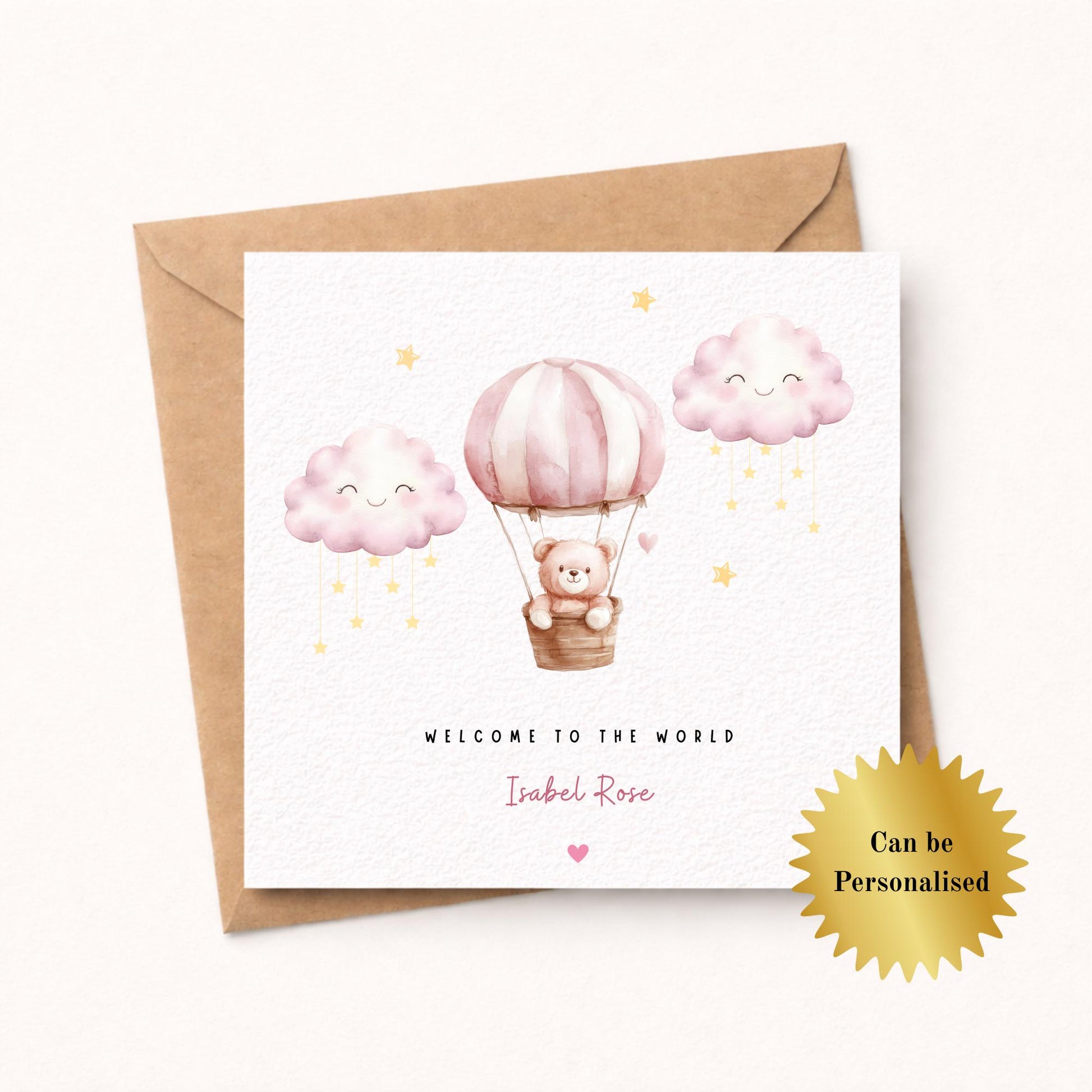 Welcome to the World - New Baby Girl Card- Teddy Bear Personalised