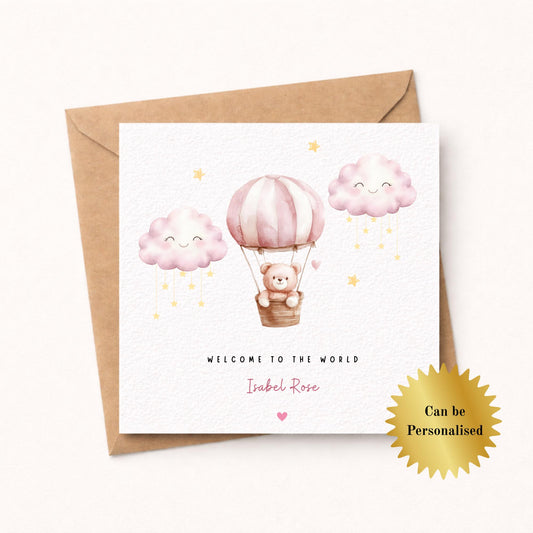 Welcome to the World - New Baby Girl Card- Teddy Bear Personalised