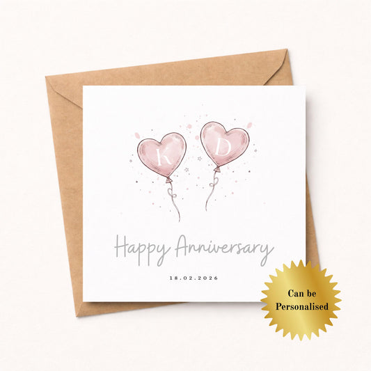 Foiled Happy Anniversary Heart Balloons Card - Personalised with initials and Date