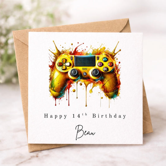 PlayStation style Controller Birthday Card - Personalised Gamer Card - Choice of 6 Colours - Splash Art