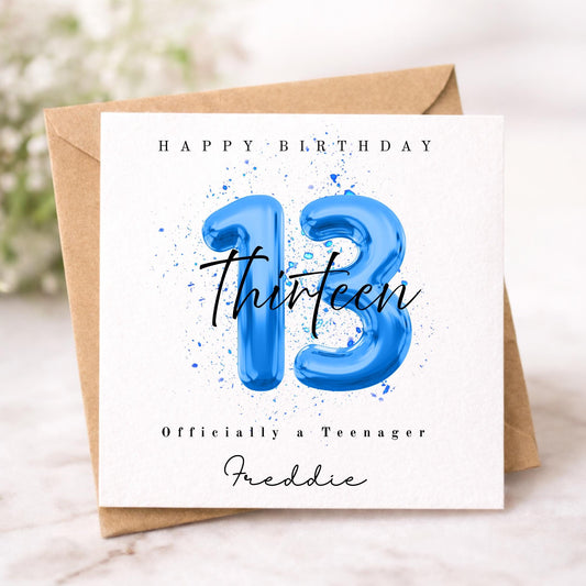 Officially a Teenager 13 Milestone Personalised Birthday Card – Number Balloon - Choice of 3 Colours