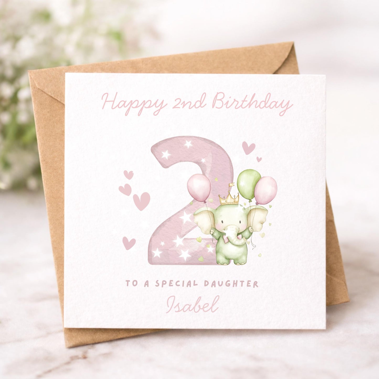 Personalised Elephant Custom Age name pink Birthday Card