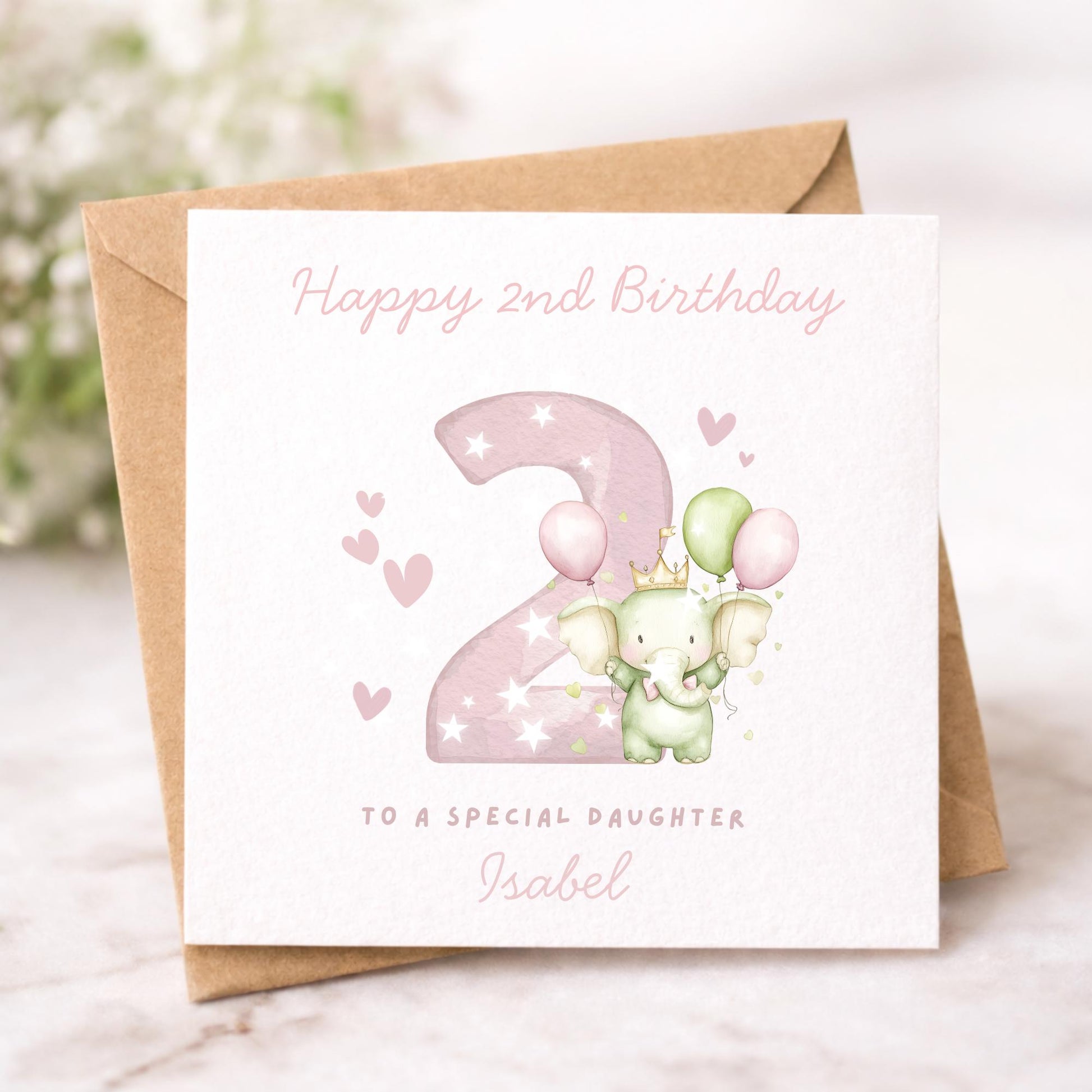 Personalised Elephant Custom Age name pink Birthday Card