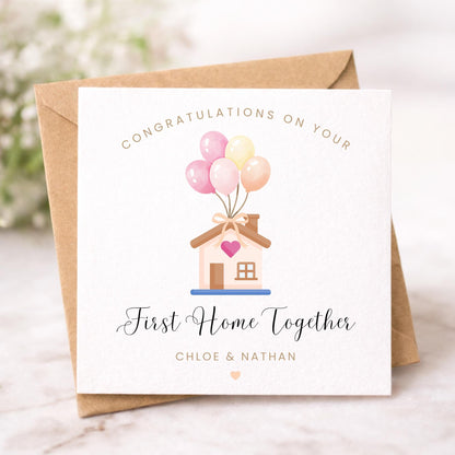 Personalised First New Home Card - House with Balloons
