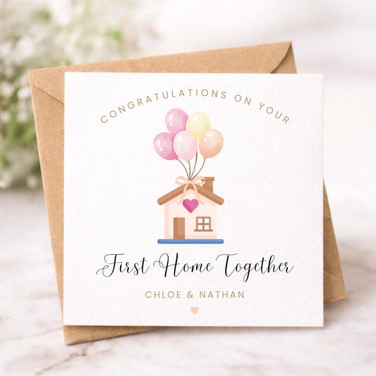 Personalised First New Home Card - House with Balloons