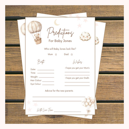 Personalised Baby Predictions cards - Baby Shower Game Teddy Bear with Balloons