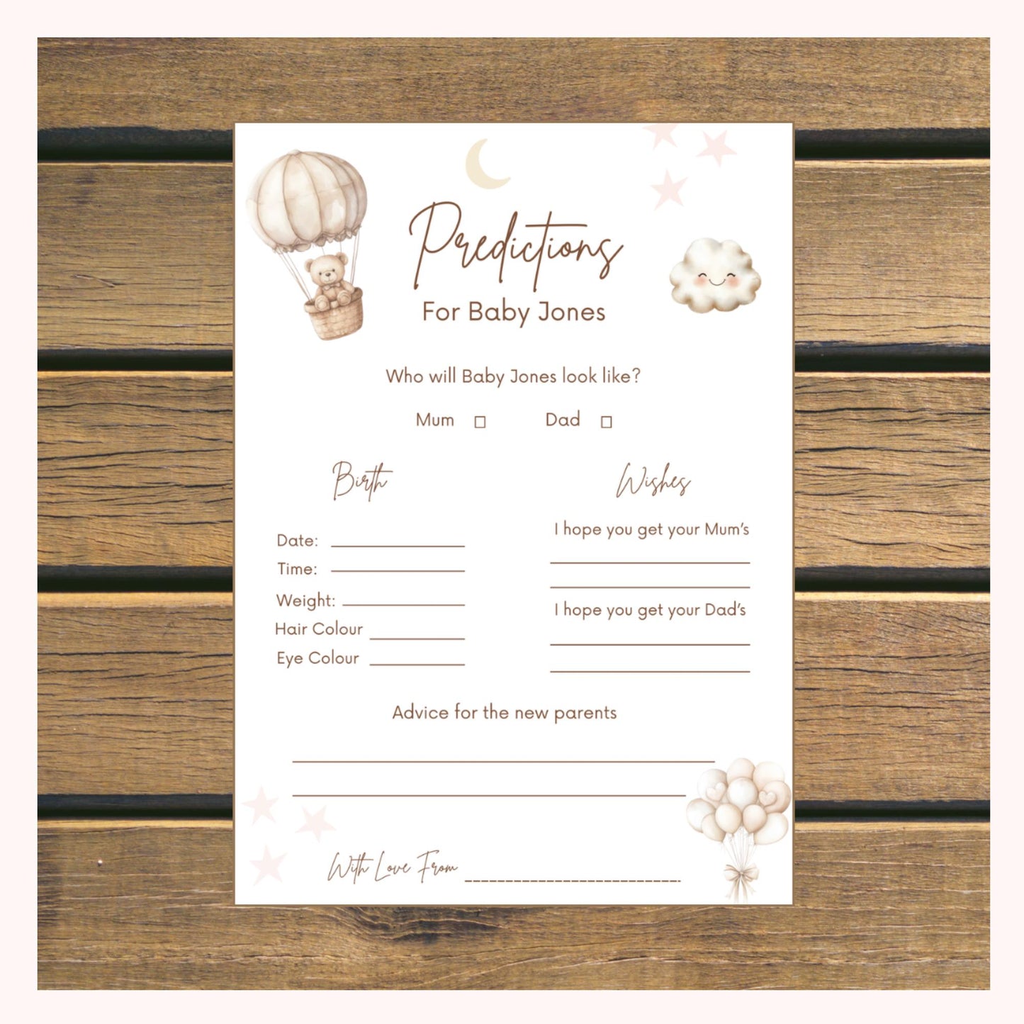 Personalised Baby Predictions cards - Baby Shower Game Teddy Bear with Balloons