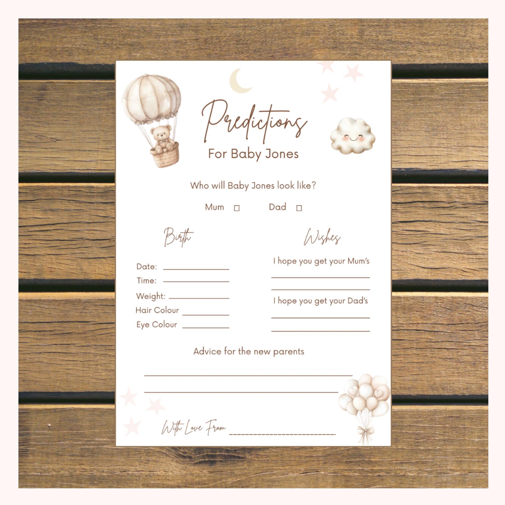 Personalised Baby Predictions cards - Baby Shower Game Teddy Bear with Balloons