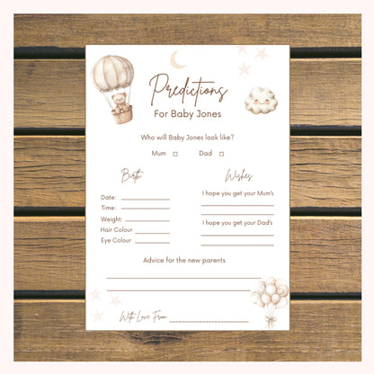 Personalised Baby Predictions cards - Baby Shower Game Teddy Bear with Balloons