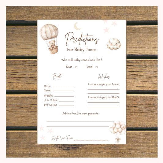 Personalised Baby Predictions cards - Baby Shower Game Teddy Bear with Balloons