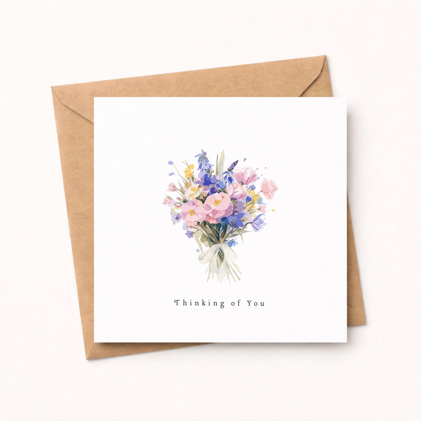 Thinking of you Card, Pastel Watercolour flower bouquet