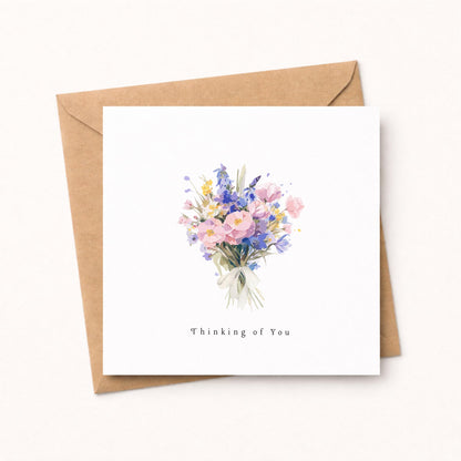 Thinking of you Card, Pastel Watercolour flower bouquet