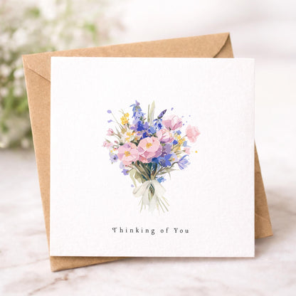 Thinking of you Card, Pastel Watercolour flower bouquet