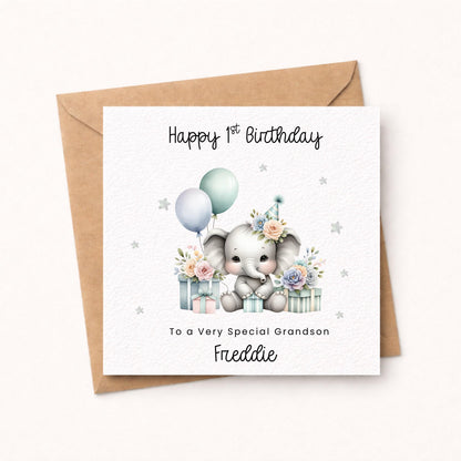 Grandson 1st Birthday Card, Pastel Elephant with Balloons for Special Son