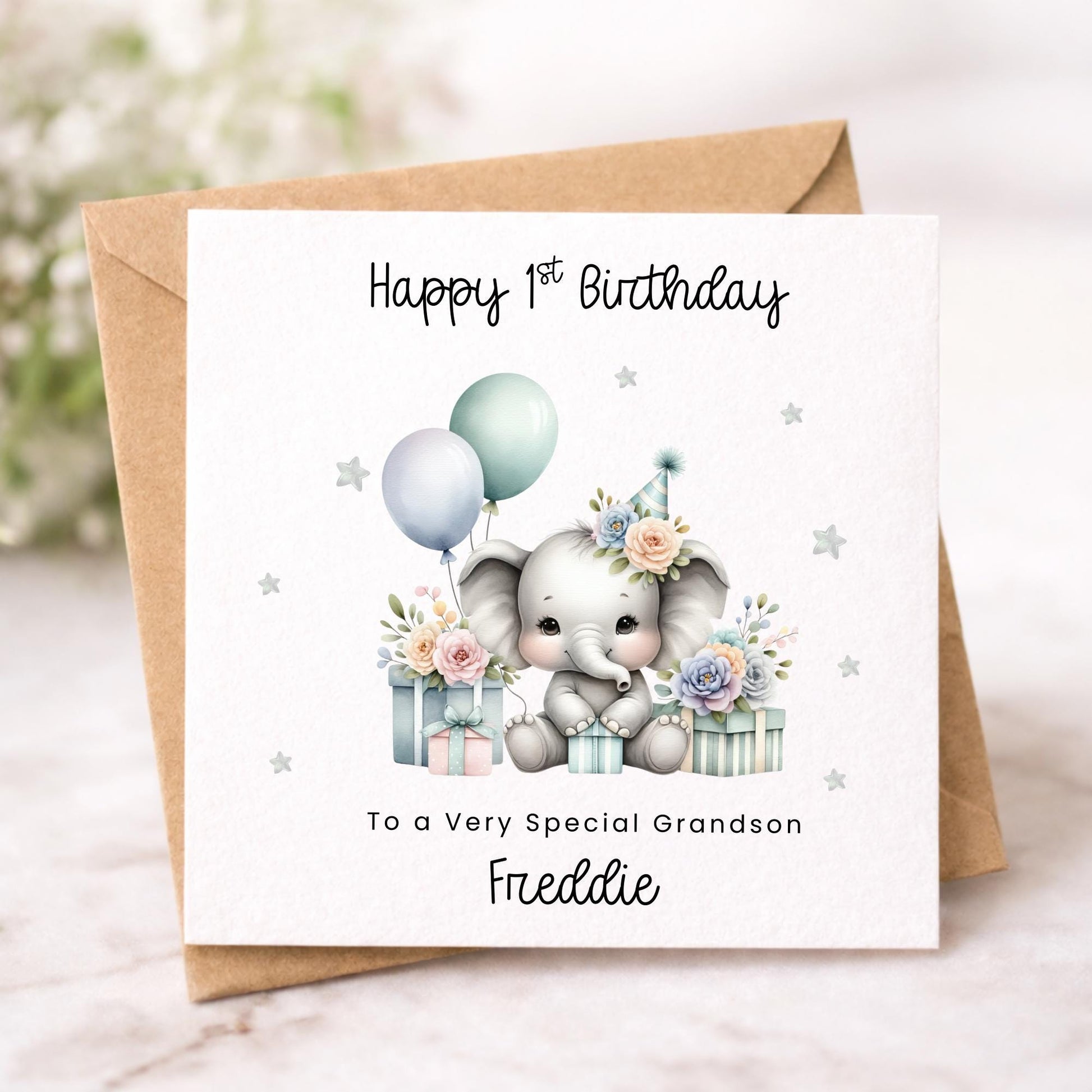 Grandson 1st Birthday Card, Pastel Elephant with Balloons for Special Son