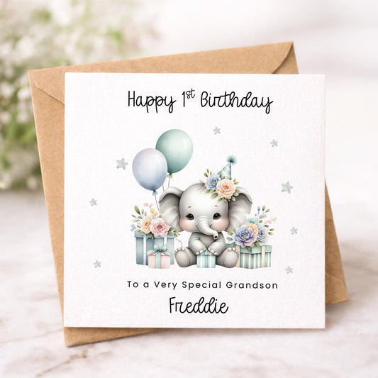 Grandson 1st Birthday Card, Pastel Elephant with Balloons for Special Son