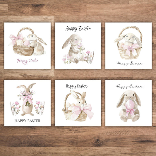 Handmade Watercolour Easter Cards set: Boho Easter Bunny Designs Pack of 6 Easter Greetings cards