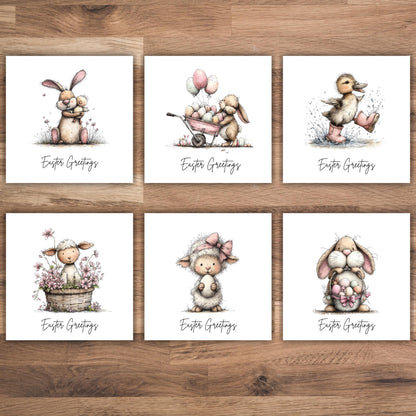 Handmade Easter Cards set: Whimsical set of Easter Greetings Bunny
