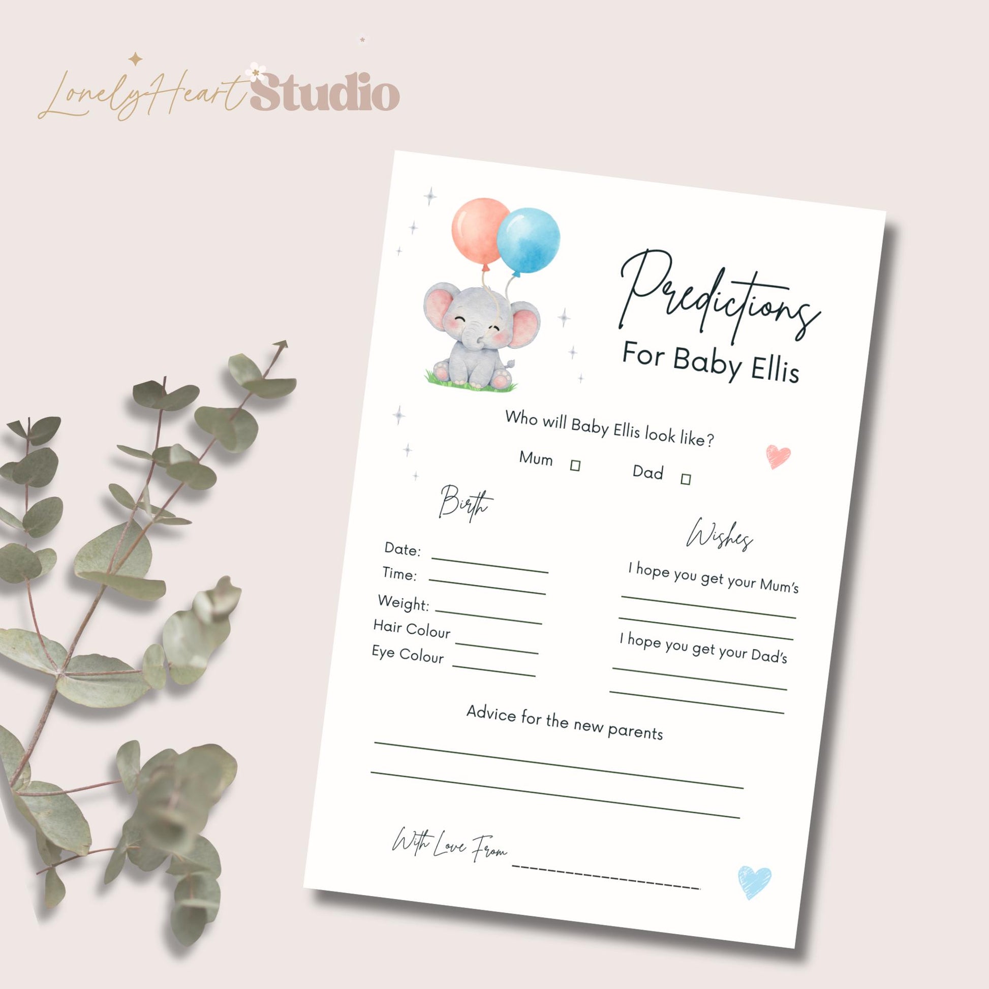 Personalised Baby Predictions cards - Baby Shower Game Neutral Elephant Balloons