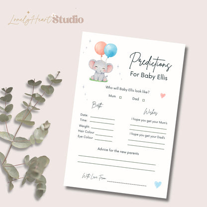 Personalised Baby Predictions cards - Baby Shower Game Neutral Elephant Balloons