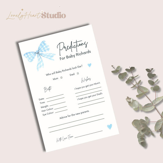 Personalised Baby Shower Predictions cards - Baby Shower Game Blue Gingham Bow