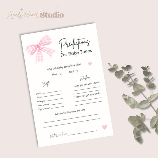 Personalised Baby Predictions cards - Baby Shower Game Pink Gingham Bow