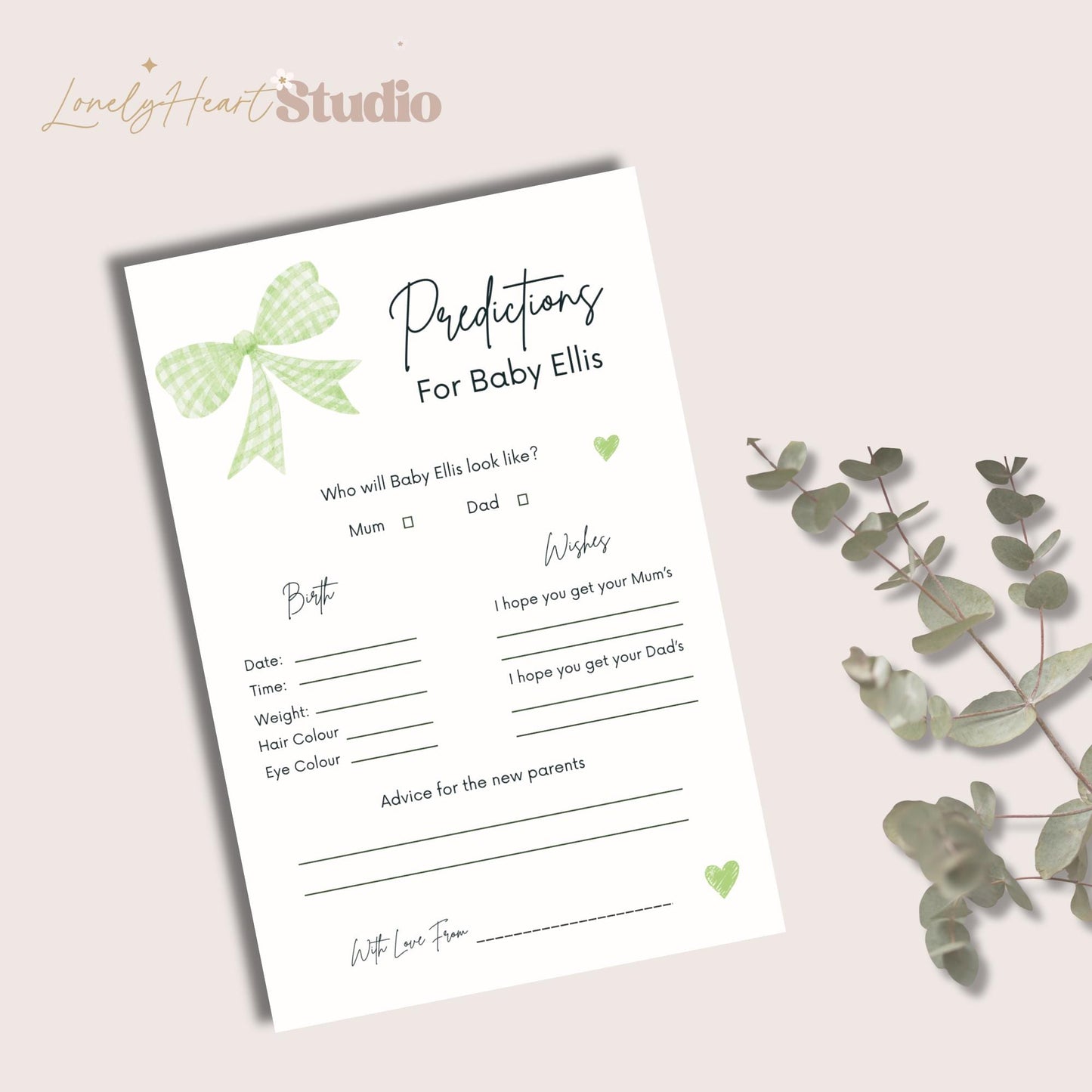 Personalised Baby Predictions cards - Baby Shower Game Green Gingham Bow