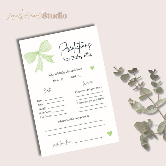 Personalised Baby Predictions cards - Baby Shower Game Green Gingham Bow