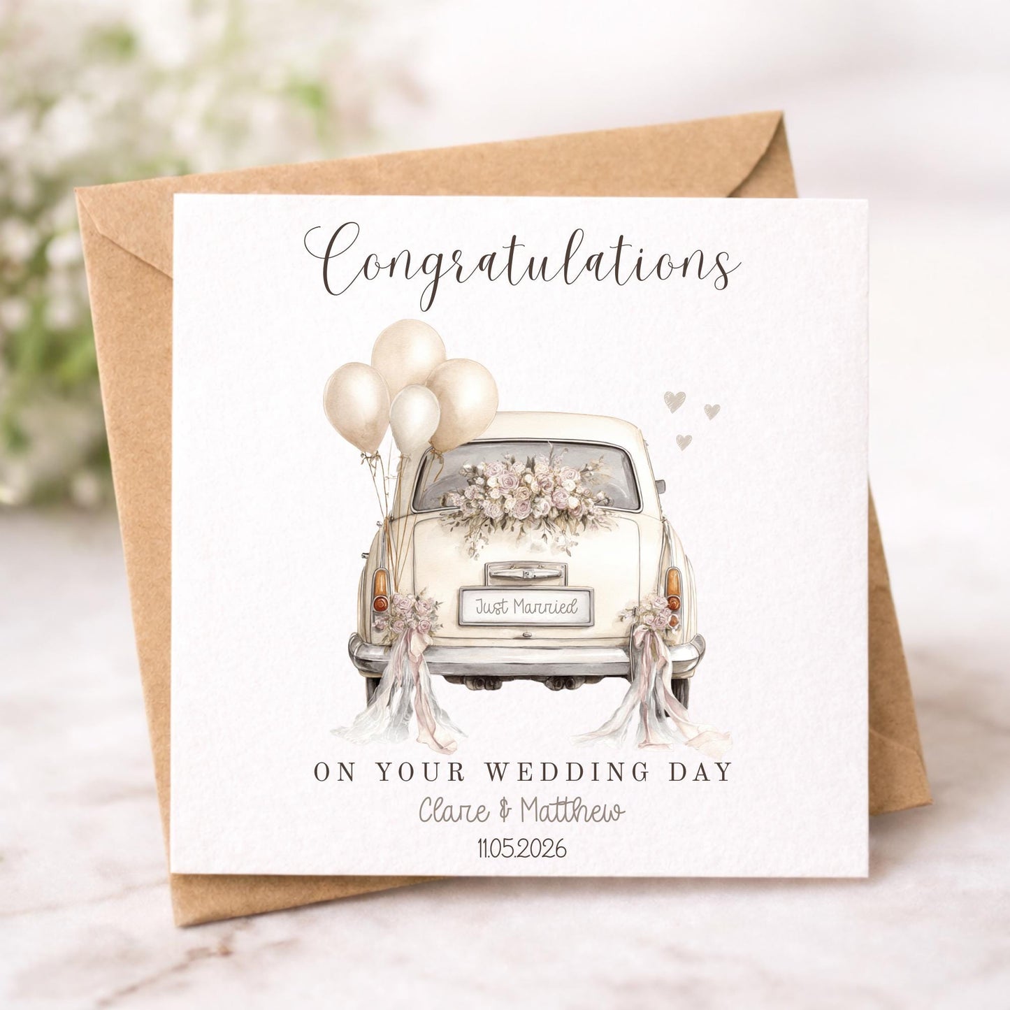 Personalised Wedding Card, Watercolour Floral Car