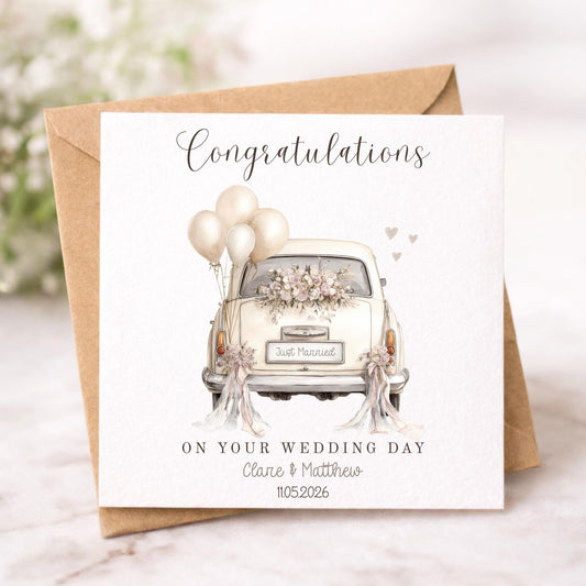 Personalised Wedding Card, Watercolour Floral Car
