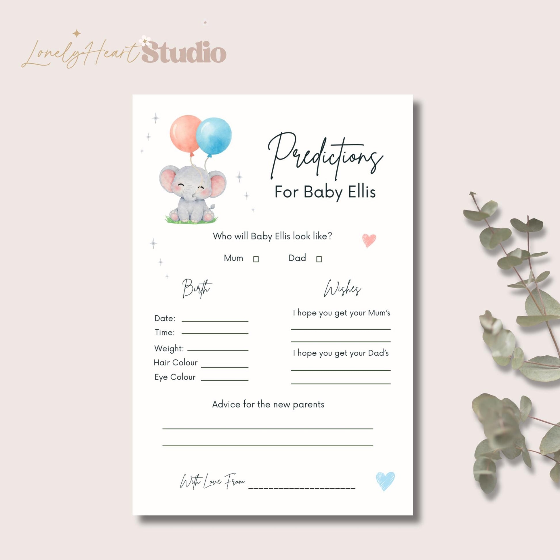 Personalised Baby Predictions cards - Baby Shower Game Neutral Elephant Balloons