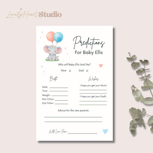 Personalised Baby Predictions cards - Baby Shower Game Neutral Elephant Balloons