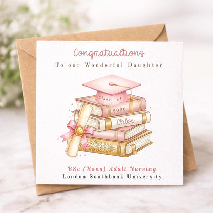 Personalised Graduation Card - Pink Graduation Cap and Books