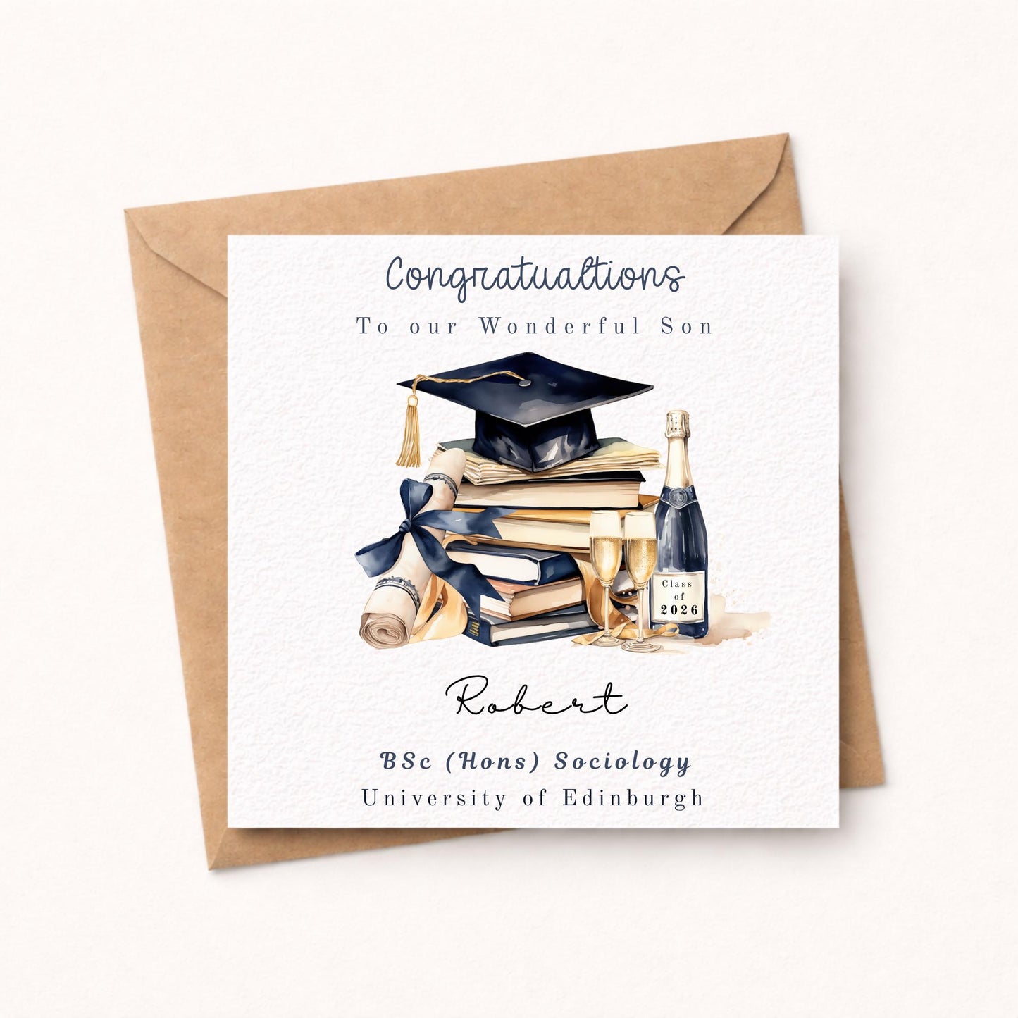 Personalised Congratulations on your Graduation Card - Navy Graduation Cap and Books