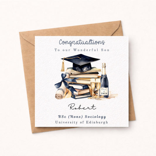 Personalised Congratulations on your Graduation Card - Navy Graduation Cap and Books