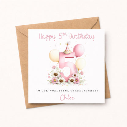 Personalised Pastel Pink Number Balloon Birthday Card – Watercolour Custom Age Card for Daughter