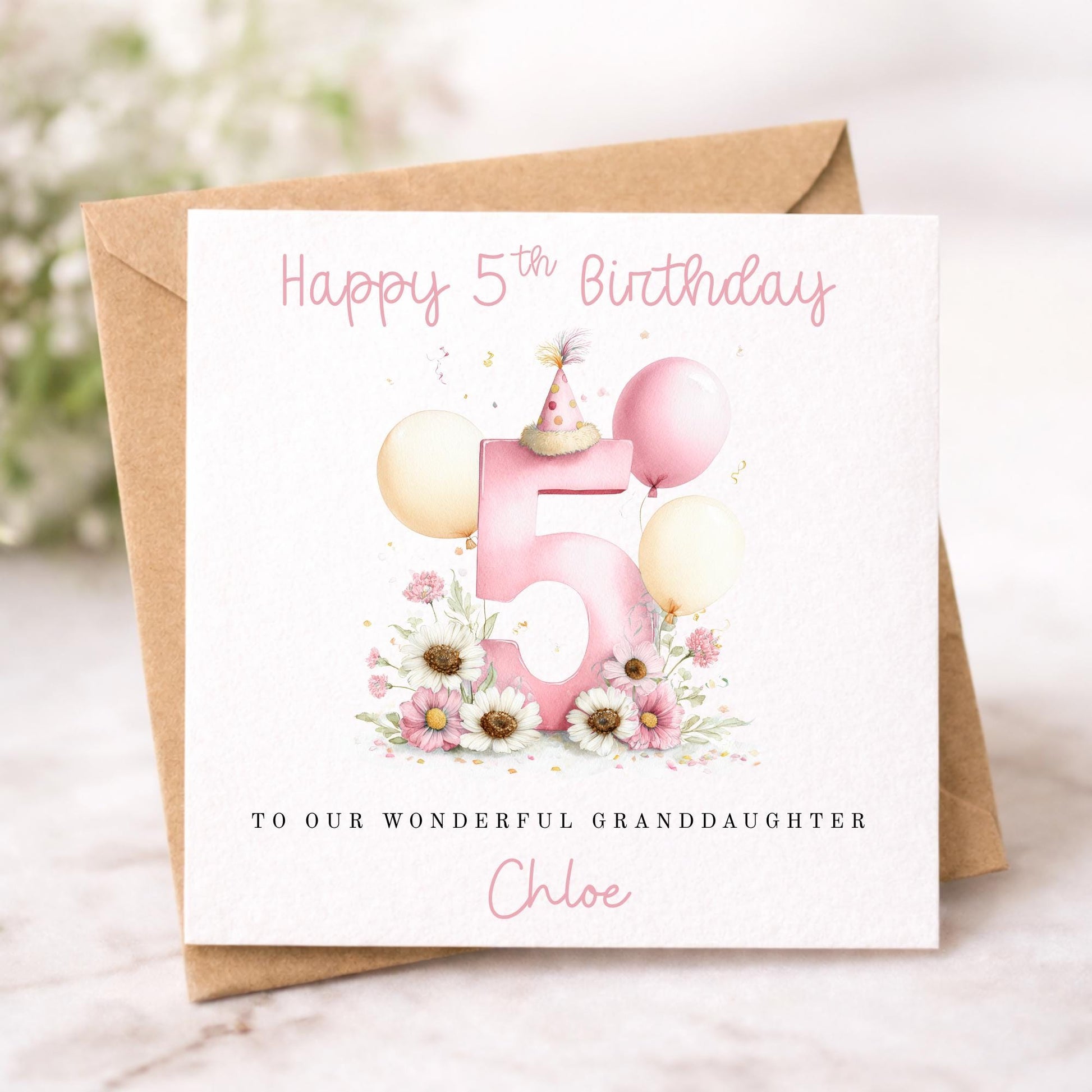 Personalised Pastel Pink Number Balloon Birthday Card – Watercolour Custom Age Card for Daughter