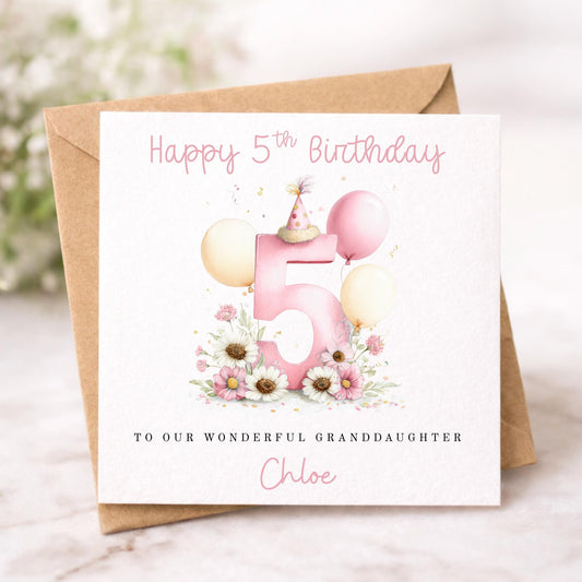 Personalised Pastel Pink Number Balloon Birthday Card – Watercolour Custom Age Card for Daughter