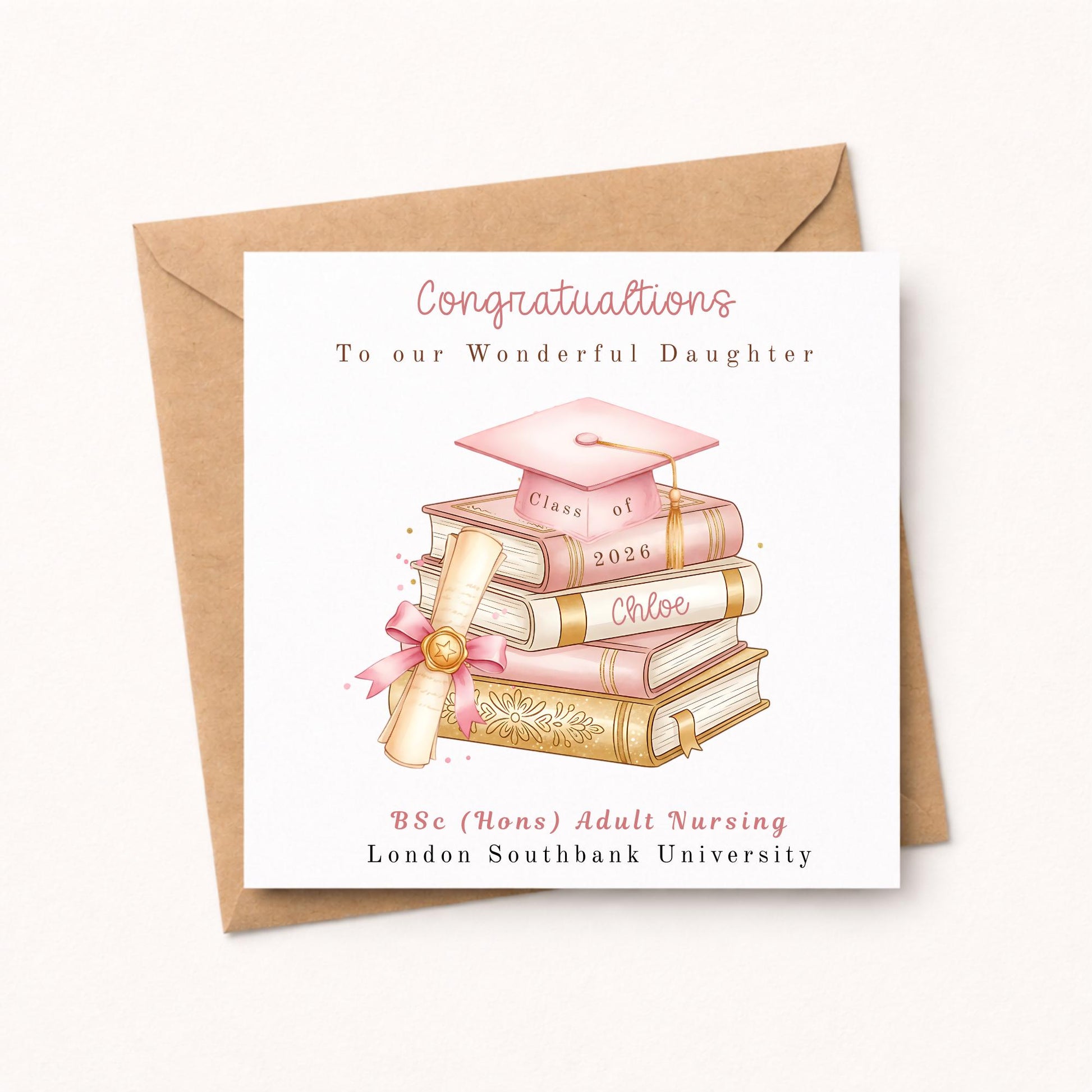Personalised Graduation Card - Pink Graduation Cap and Books