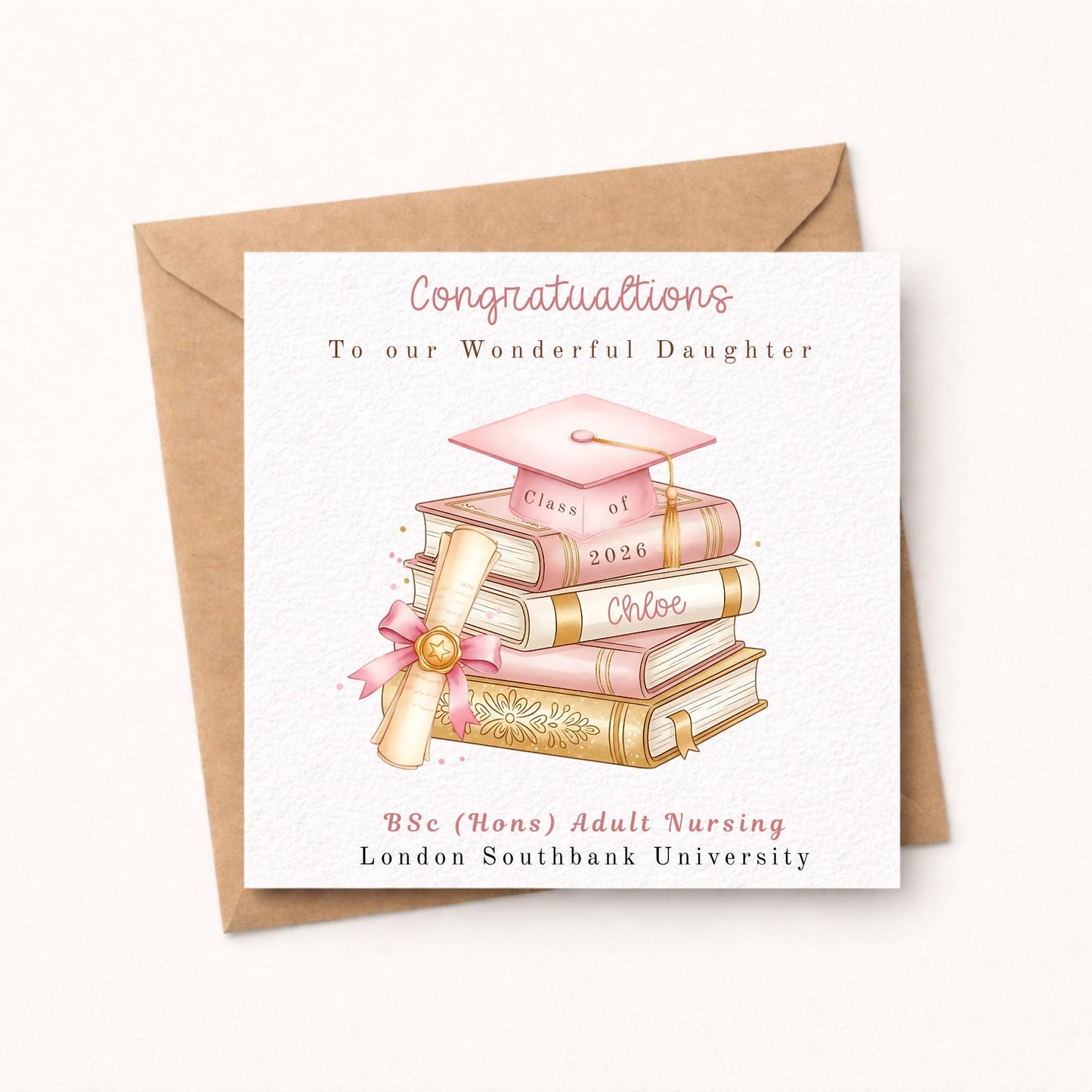 Personalised Graduation Card - Pink Graduation Cap and Books