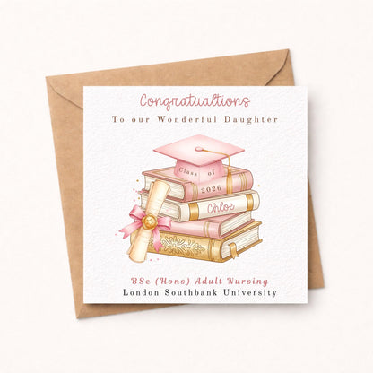 Personalised Graduation Card - Pink Graduation Cap and Books