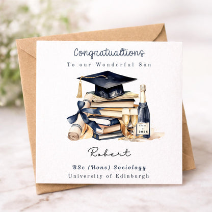 Personalised Congratulations on your Graduation Card - Navy Graduation Cap and Books
