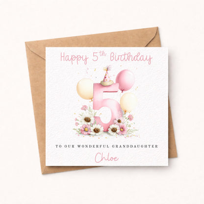 Personalised Pastel Pink Number Balloon Birthday Card – Watercolour Custom Age Card for Daughter