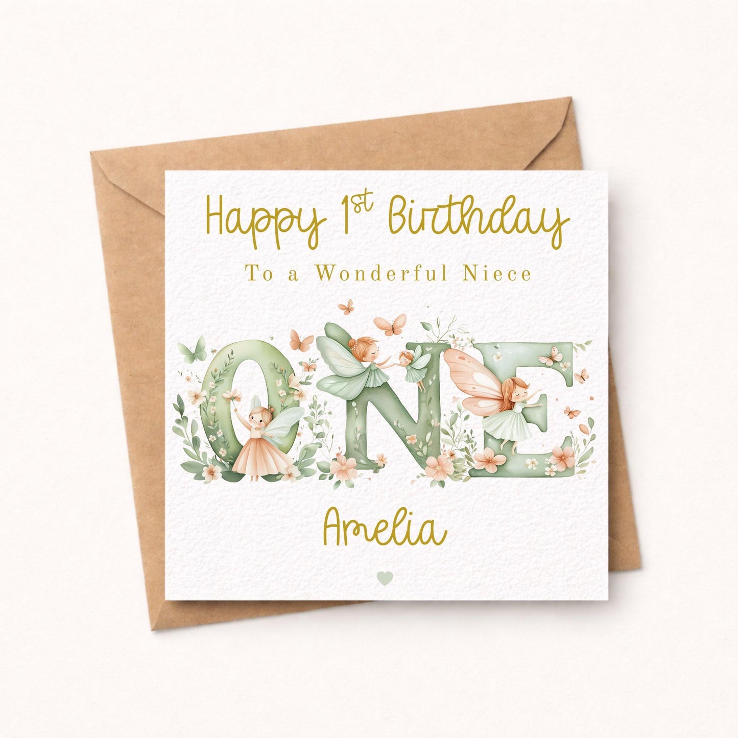 Fairy 1st Birthday Card Girl - Personalised Gold Foil Finish Fairy Garden Birthday Card - Daughter Niece Granddaughter A