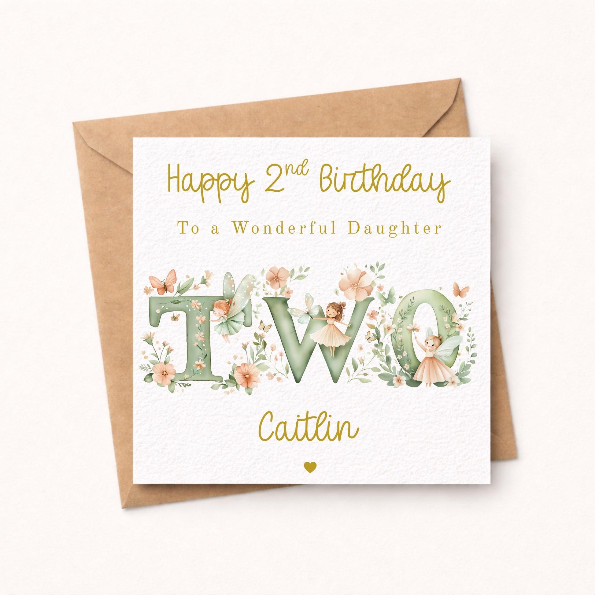 Fairy 2nd Birthday Card Girl - Personalised Gold Foil Finish Fairy Garden Birthday Card - Daughter Niece Granddaughter A