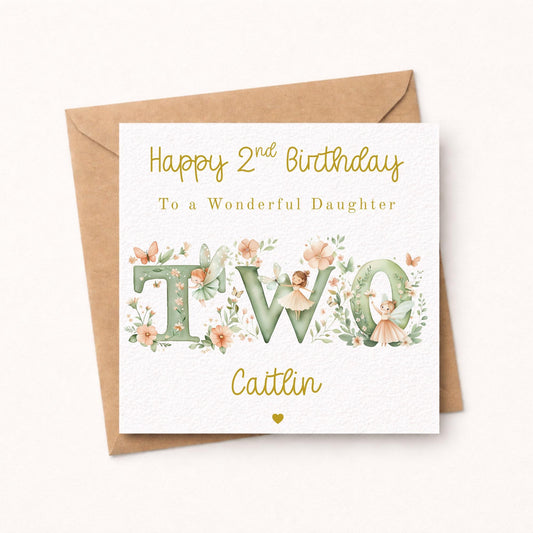 Fairy 2nd Birthday Card Girl - Personalised Gold Foil Finish Fairy Garden Birthday Card - Daughter Niece Granddaughter A