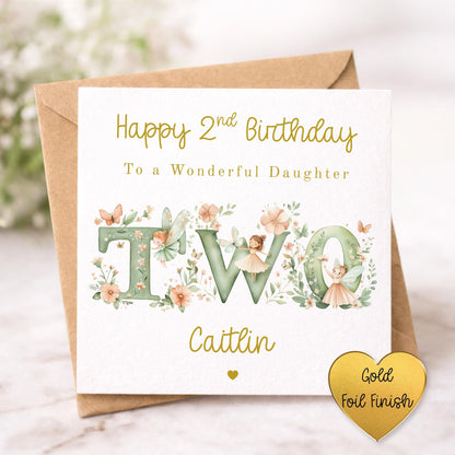Fairy 2nd Birthday Card Girl - Personalised Gold Foil Finish Fairy Garden Birthday Card - Daughter Niece Granddaughter A