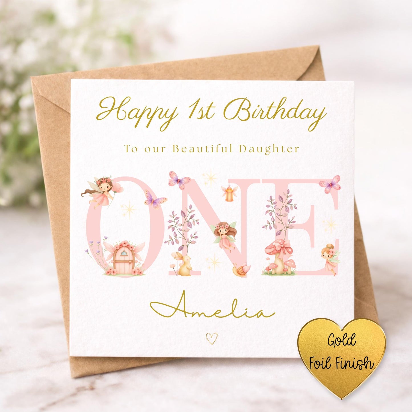 Fairy 1st Birthday Card Girl - Personalised Gold Foil Finish Fairy Garden Birthday Card - Daughter Niece Granddaughter A