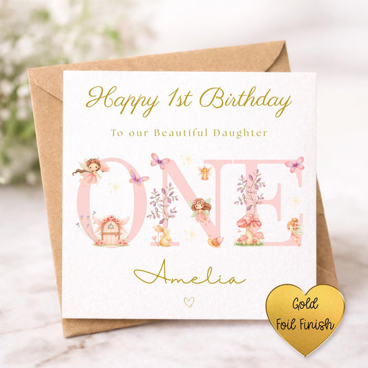 Fairy 1st Birthday Card Girl - Personalised Gold Foil Finish Fairy Garden Birthday Card - Daughter Niece Granddaughter A